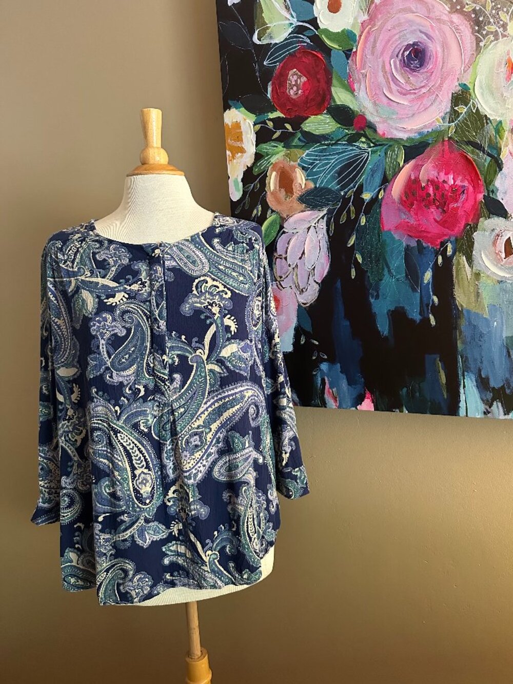 Nine West Jeans Paisley Boho Blouse XXL Navy Teal 3/4 Sleeve